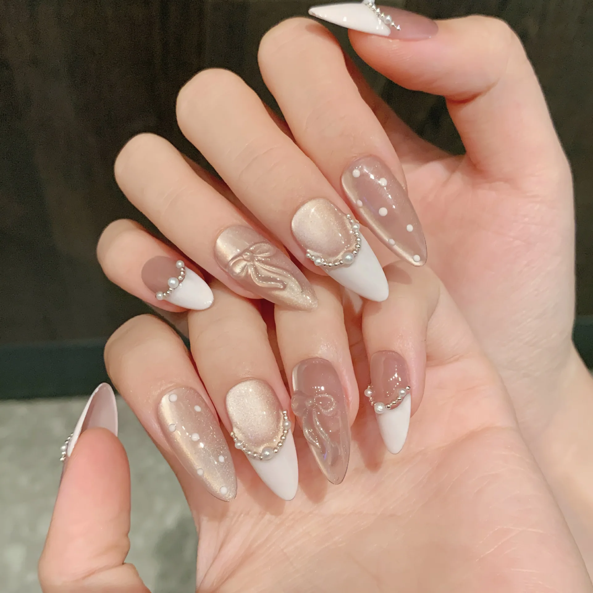 

10Pcs Handmade Press on Nails Full Cover Pink Cat eye Design French Almond False Nails Artificial Wearable Manicure Nail Tips Ar