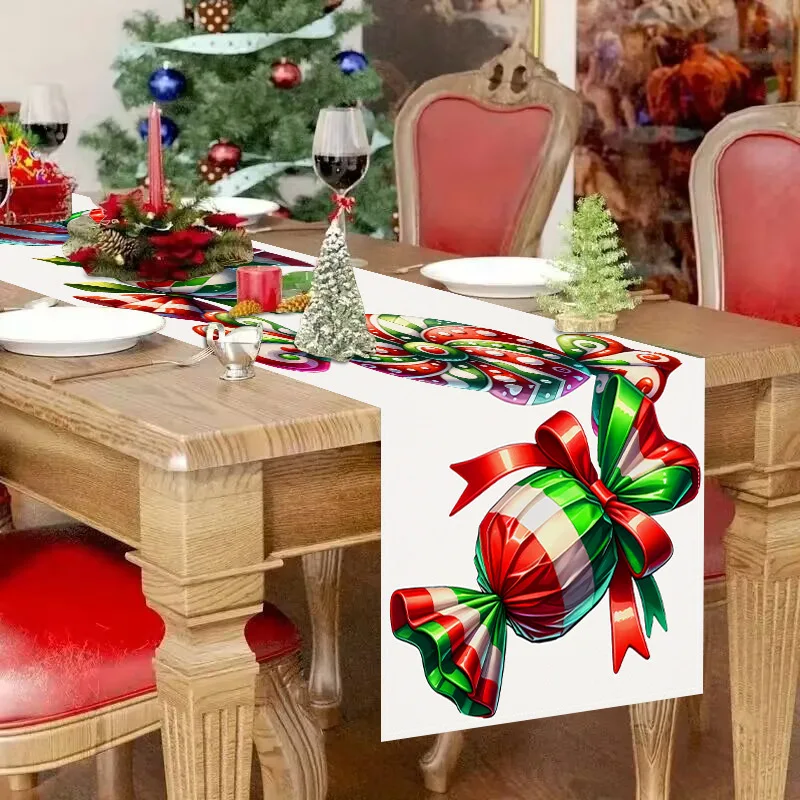 Xmas Kitchen Tablecloth Eye-Catching Candy Print Table Runner Holiday Table Decoration Easy Care Navidad Decoration For Holiday