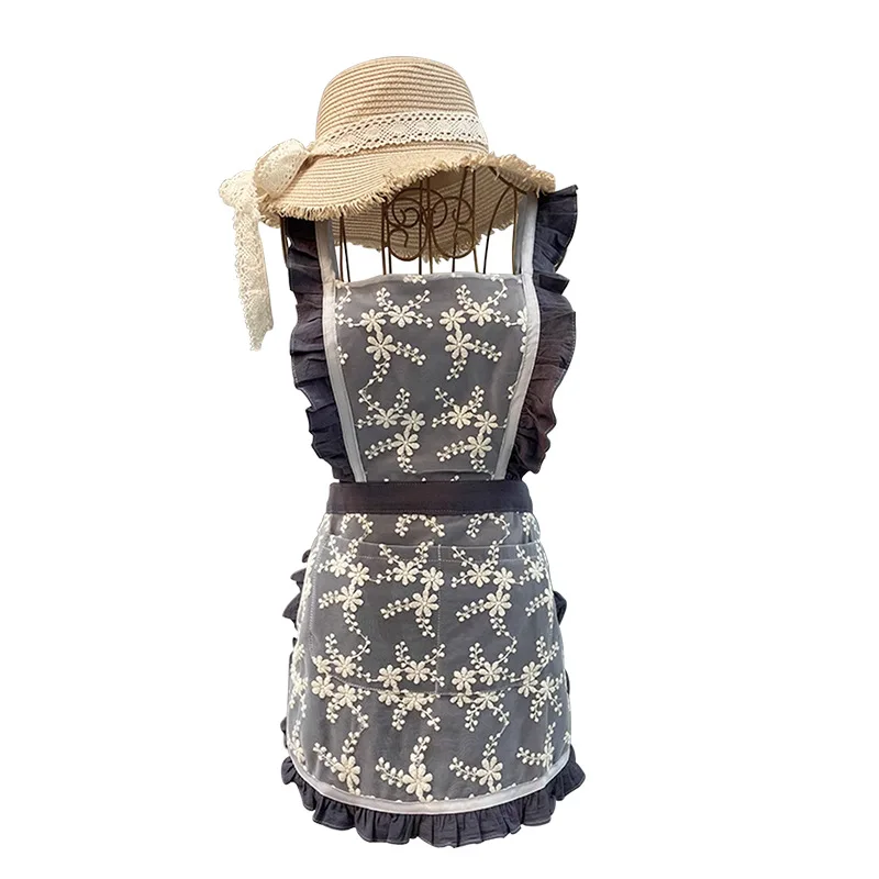 Korean Style Washed Cotton Apron, Embroidered Lace Princess Kitchen Apron, Stain-Resistant for Home Cooking