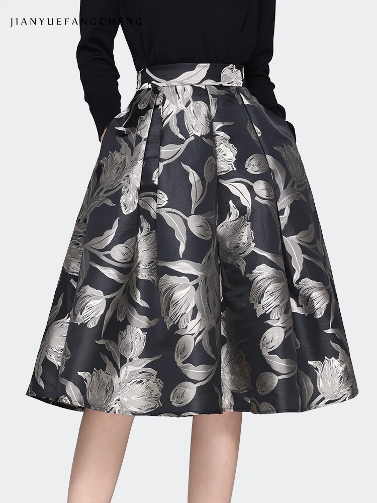 تنورة نسائية بنمط زهري متوسط الطول مع جيوب ، خصر مرتفع ، على شكل خط ، مطوي ، بطول الركبة ، توتو ، رمادي ، ربيع ، جديد ،