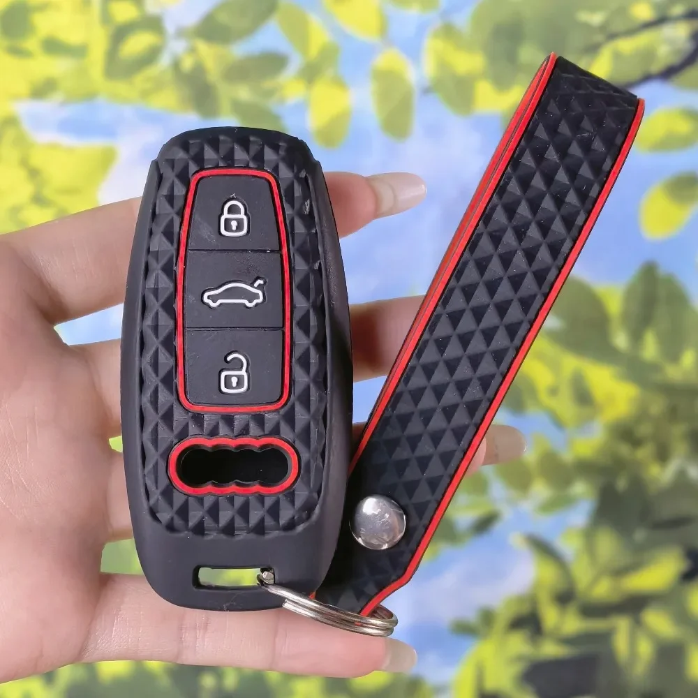 Silicone Diamond Anti-slip Smart Remote Key Fob with Keychain For Audi A3 A4 B9 A6 A7 4K A8 E-tron Q5 Q8 C8 D5 SQ8 Protector