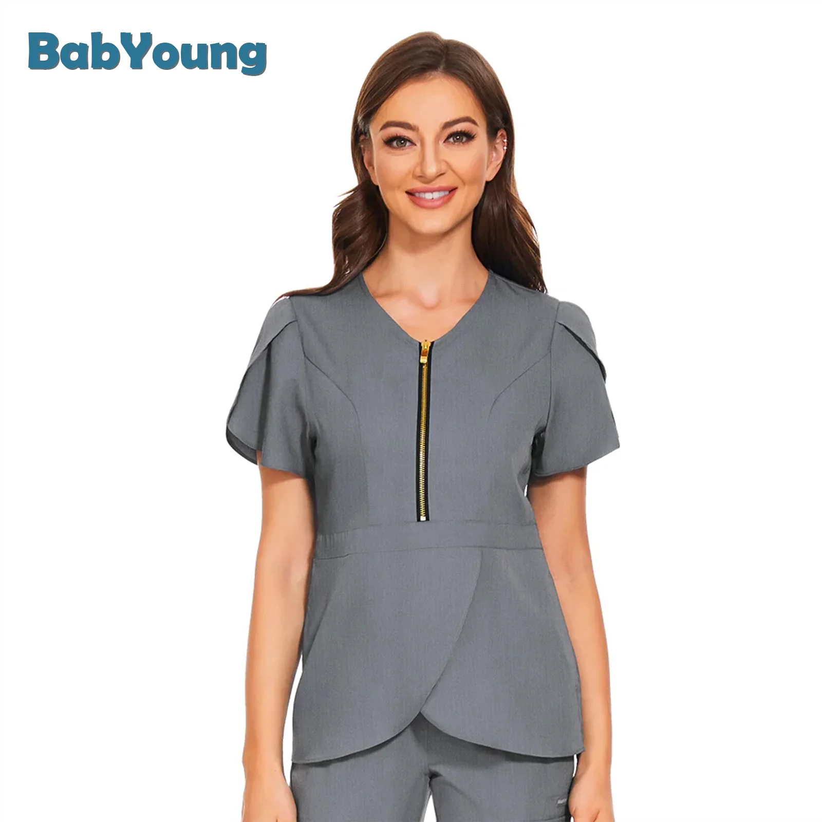 

Women Solid Color Nurse Uniform Short Sleeve V-neck Tops Oversized Scrub Shirt For Female Care Worker Healthcare Clinic Clothes