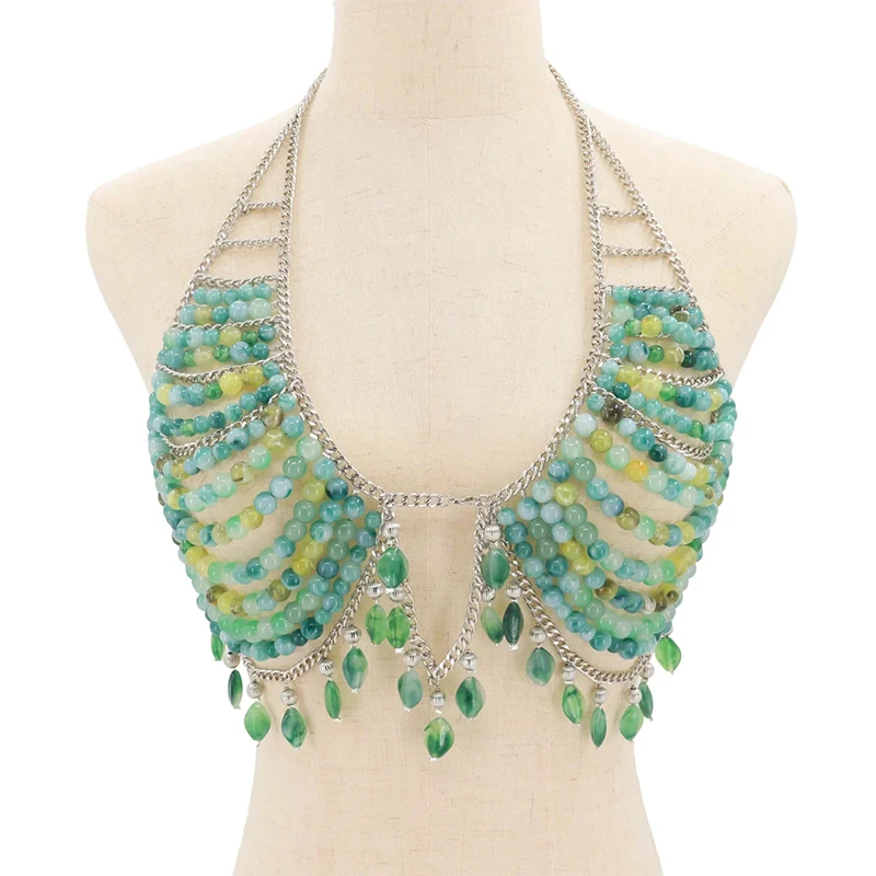 Female Mermaid Core Top Music Festival Outfit Green Women Beaded Body Chain With Gemstone Crystal Bra Bralette