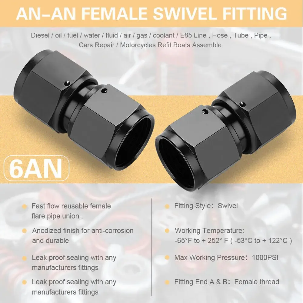 2 pz di Alta Qualità Durevole AN6 A AN6 In Alluminio Dritto Femmina Girevole Accoppiatore Unione Raccordo Per Olio Combustibile Acqua Nero TF-1108