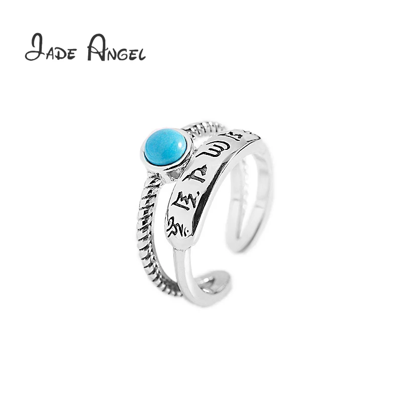 Jade Angel 925 Sterling Silver Rings Vintage Six Word Truth Women's Opening Adjustable Ring Round Blue Tophus Elegant Jewelry