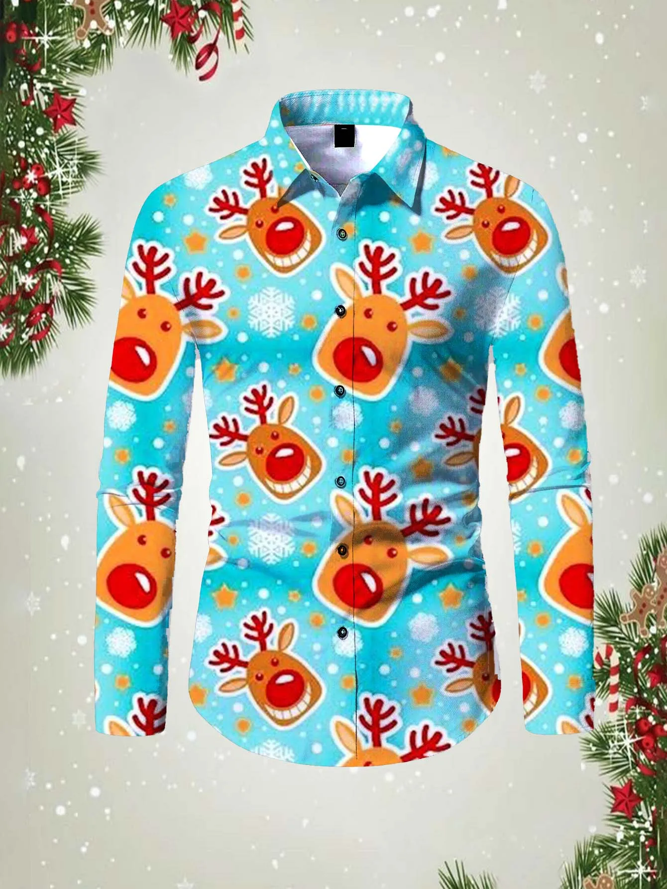 Funny Christmas Reindeer Men's Long Sleeve Shirt Daily Fashion New Snowman Lapel Men's Street Christmas  Party Long Sleeve Tops