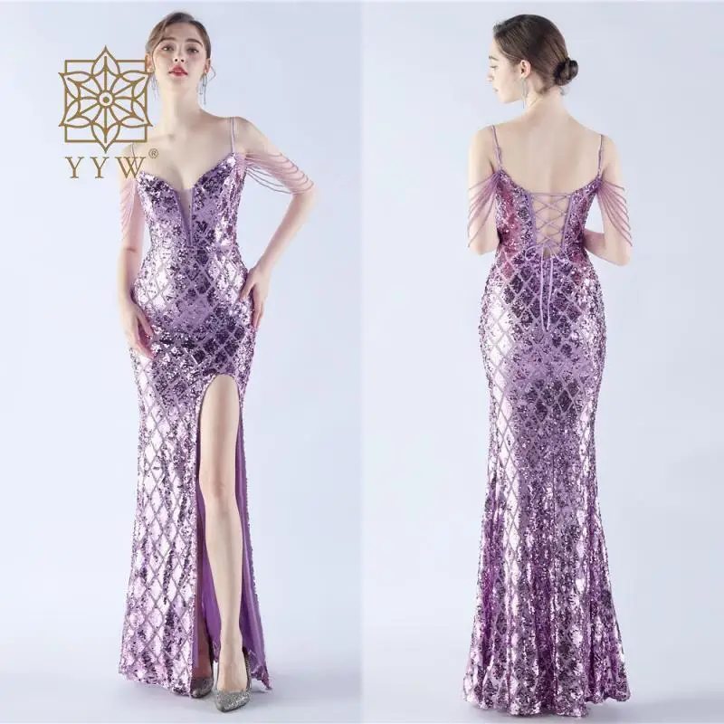 Vestido de lujo de sirena con lentejuelas para mujer, traje Sexy con tirantes en V, color morado, 2023