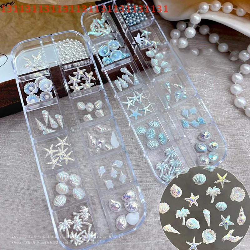 3D Nail Art Accessories for A Dreamy and Ocean Manicure Look, Shell, Starfish, Mermaid Tail, Blue and White, 12 Grids/Box