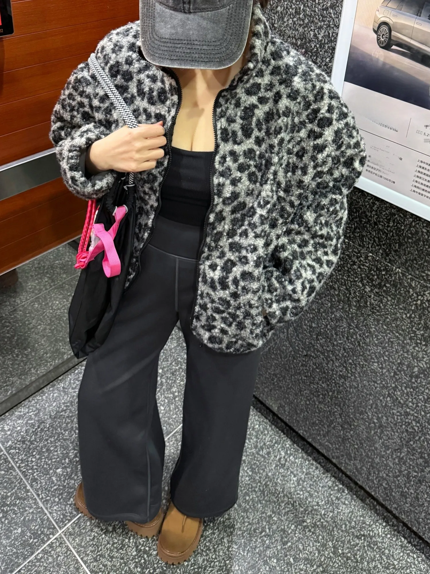 

Ari's Home Lady Leopard Print Thiened Loose Dstring Stand Collar Women's Jaet ort Casual Sle Polyester Fiber Coat