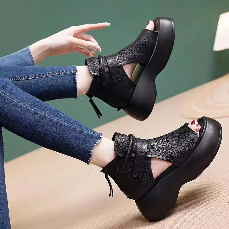 Women Sandals Fish Mouth Hollowed Out Wedges Shoes Women Summer Sandals Thick Platform Shoes Sandalias Mujer Casual Summer Boots