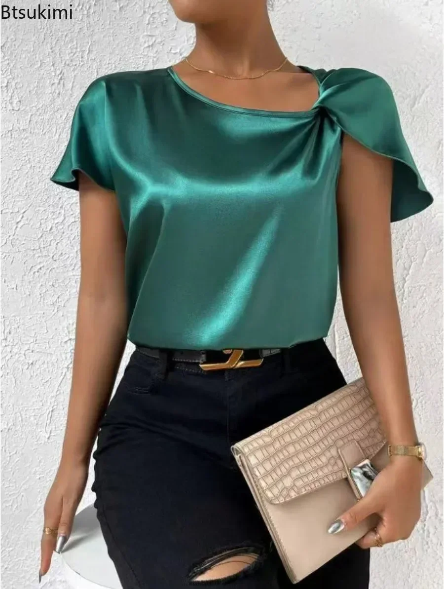 New 2024 Women\'s Summer Casual Satin Short Sleeve Shirts Tops Solid Satin Twisted Loose Versatile Top For Women All Match Shirts