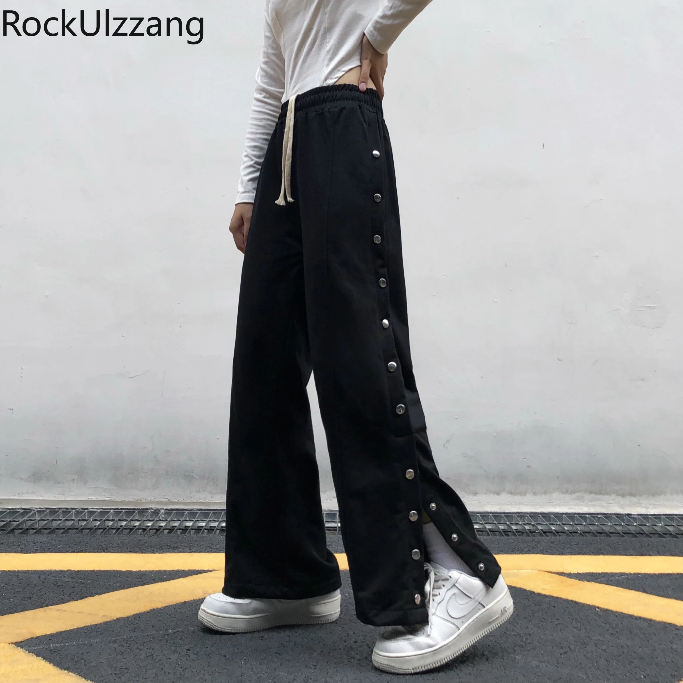 Fit Summer Side Button Up Split Drawstring Sweatpant High Waist Slim Straight Leg Pant Casual Workout Long Trouser y2k clothing