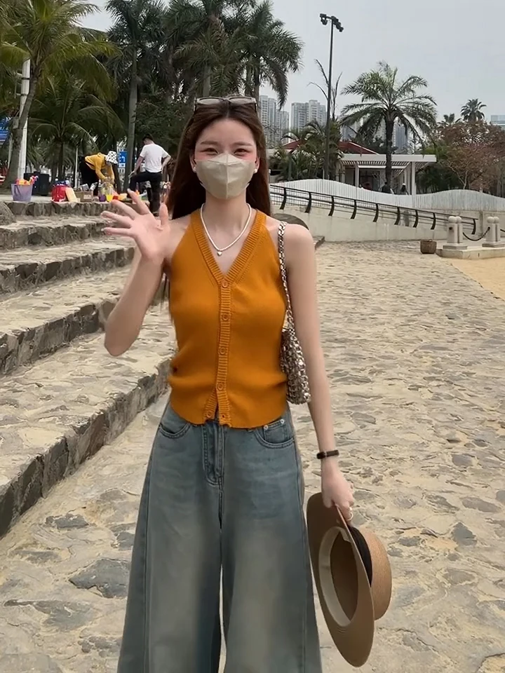 

Summer Ne Hanging Svel Knitted Open Cardigan Vest Women's Beach Vaion Top Soft Korean Sle Commute Faion