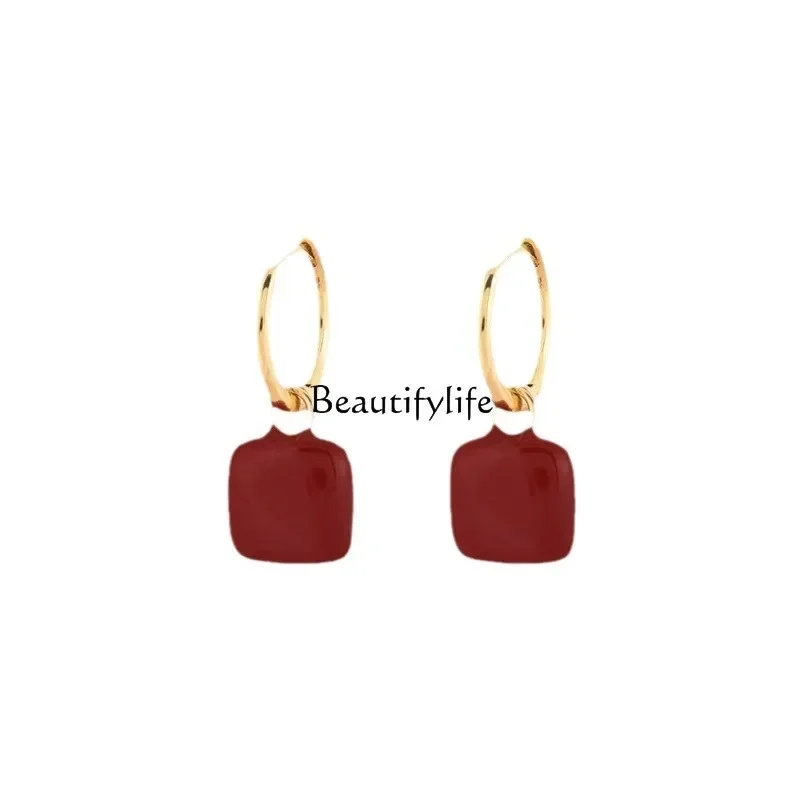 

High-end drip glaze red ear buckle women's 2023 new light luxury temperament stud earrings