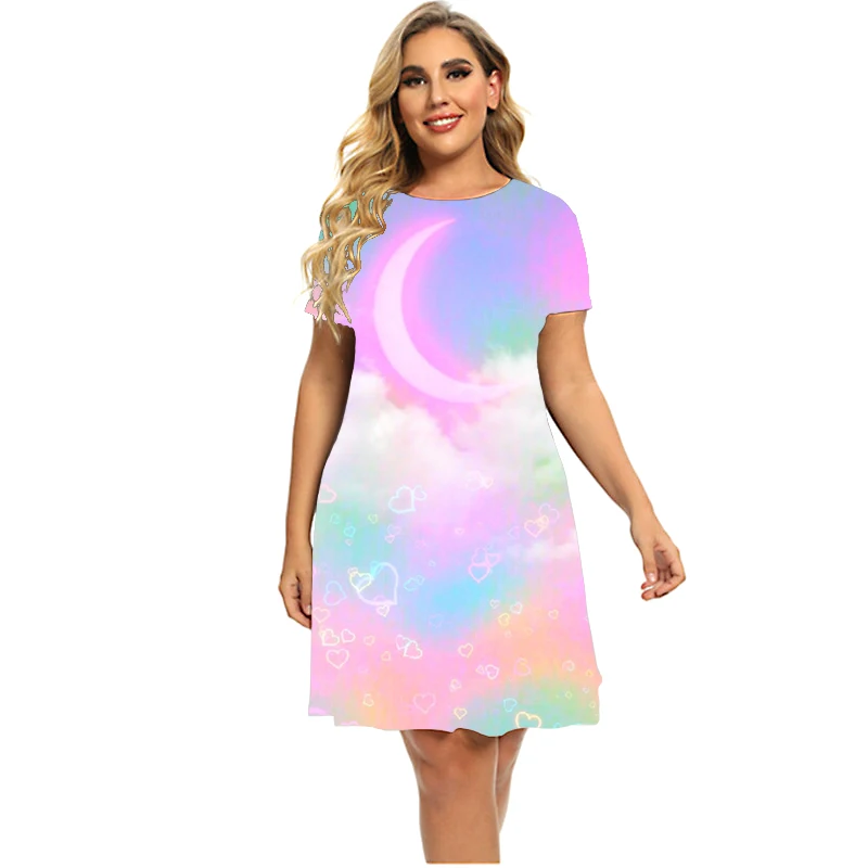 Stars And Moon Gradient Rainbow Women Dress Fashion Sweet Short Sleeve O-Neck Party A-Line Dress 2023 Summer Plus Size Dresses