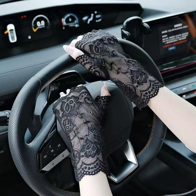Summer Outdoor Women Half Fingers Mesh Lace Gloves Female Elegant Dance Driving UV-proof Sun Protection