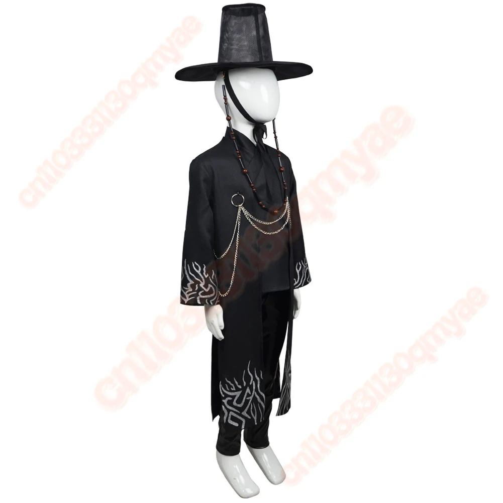 Kids Jinu KPop 악마 헌터 의상 세트 Saja Boys Roleplay 검은 의상 모자 헤드 기어 할로윈 카니발 파티에 적합