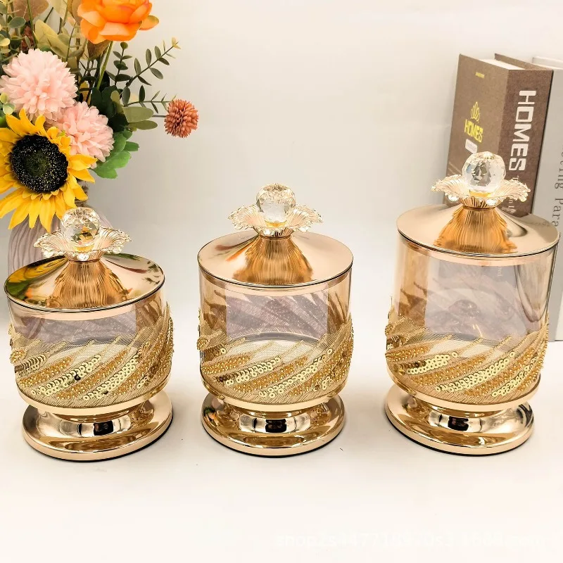 European Metal Jewelry Box with Lid High Leg Glass Candy Jar Table Top Gold Plated Coffee Beans Dried Fruit Snack Storage Bottle