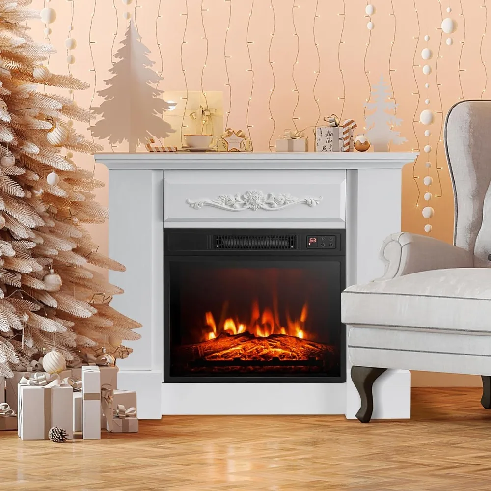 32” Electric Fireplace with Mantel, Package Wooden Firebox Surround Freestanding 18