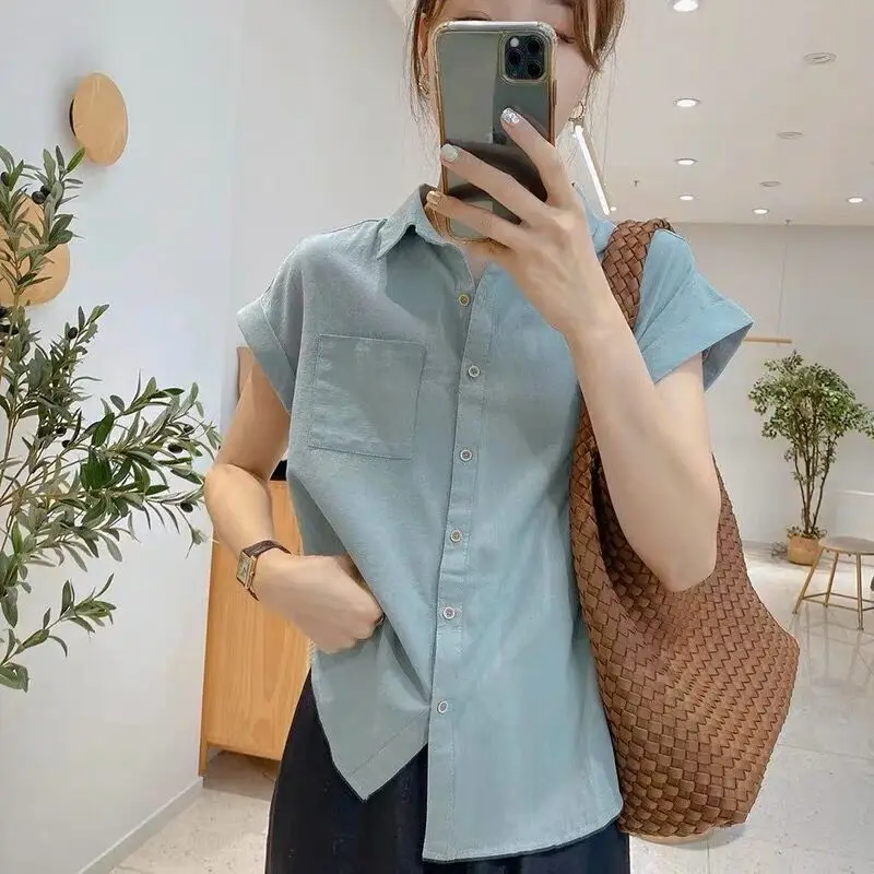 Korean Blouse 2024 New Summer Women\'s Fashion Loose Casual Polo-Neck Spliced Pockets Button Short Sleeve Solid Color Shirt Tops