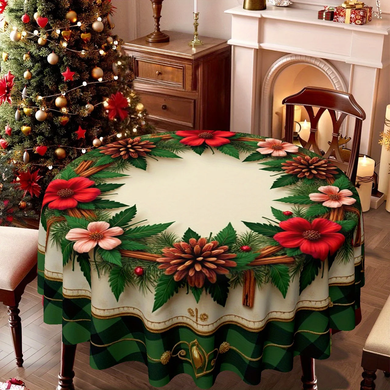 1 round tablecloth, specially designed for Christmas and holiday celebrations, featuring festive flowers and pine cone wreaths