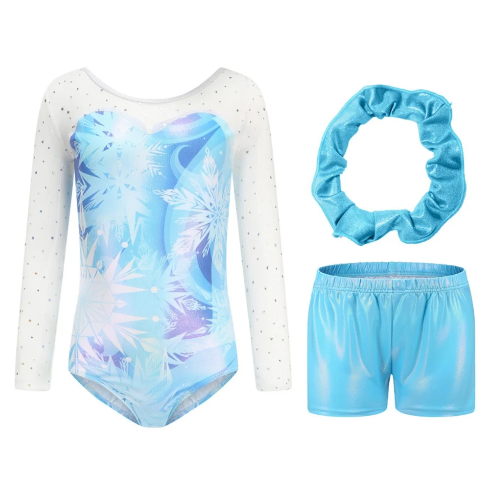 5-12 Years Children Girls Gymnastics Suit 3PCS Ballet Dance Set Gradient Gilding Rhinestone Bodysuit With Shorts And Headband