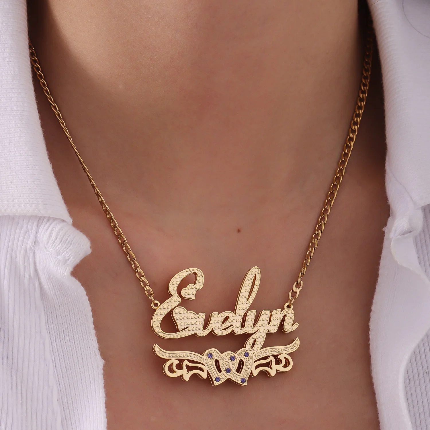 Dascusto Custom Name Necklace With Birthstone Stainless steel 18K Gold Plated Double Layer Personalized Double Love Necklace