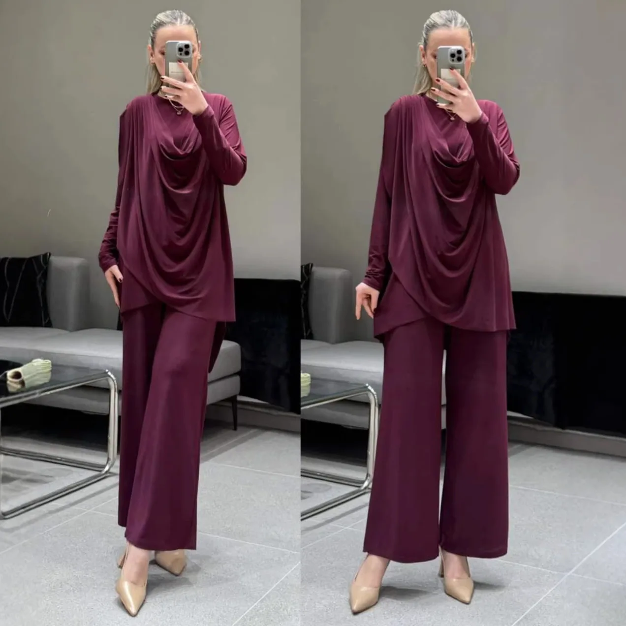 

2026 Spring Summer New Elegant Cowl Neck Loose Casual Temperament Long Sleeve Wide Leg Pants Set Women