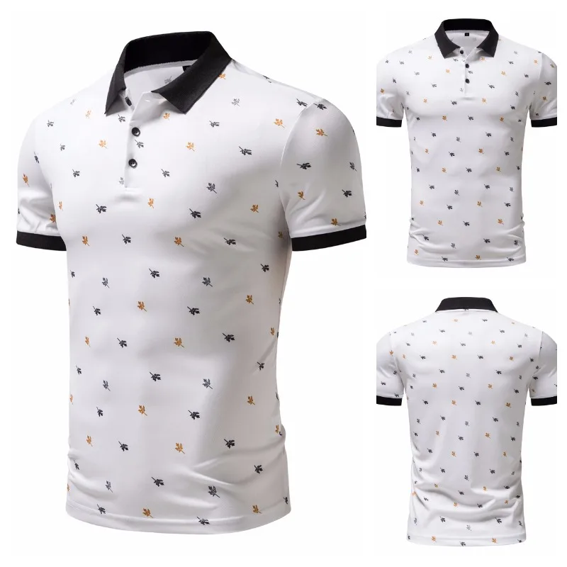 2 colors! 2023 New Leaf Print Simple Polo Neck Short Sleeve T-shirt Men's Clothing Summer Lightweight Fashion Brand Slim Fit Top