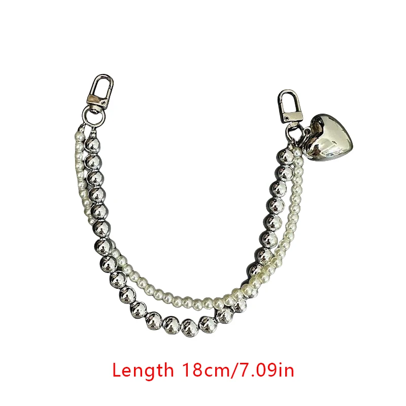 Luxury Pearl Beaded Love Charm Double Chain Mobile Phone Chain Cute Keychain Bag Pendant Camera Wrist Strap Anti-Lost Chain Gift