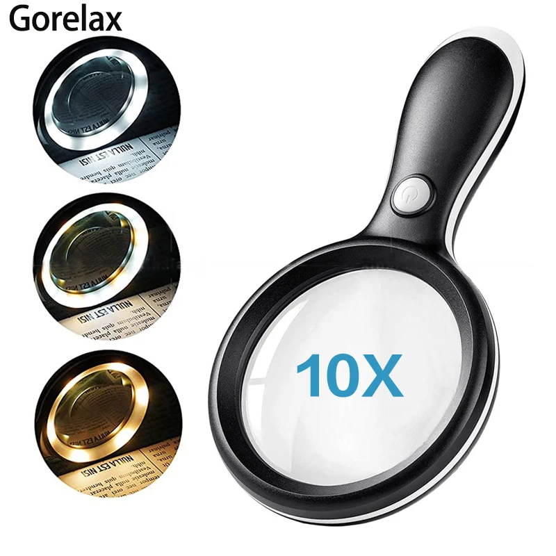 10X Handheld Magnifying Glass With Led Lights, Glass Magnifier Loupe With Optical Glass Lens Magnifier For Reading, Repair, Coin
