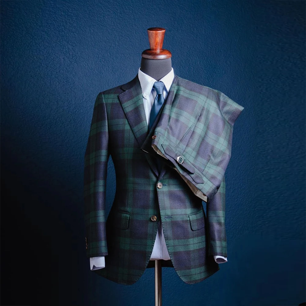 

Men's Green Blue Plaid Check Suits Tailor Made Single Breasted Blazer Pants 2 Pieces Groom Wear Wedding Tuxedos Costume Homme