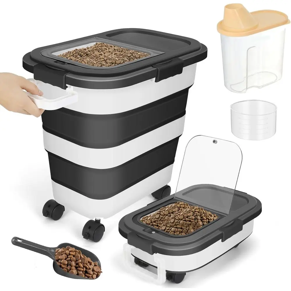 Contenedor Plegable Grande para Almacenamiento de Comida para Mascotas con Tapa Hermética, Ruedas, Asa y Taza Medidora para Perros y Gatos (Negro)