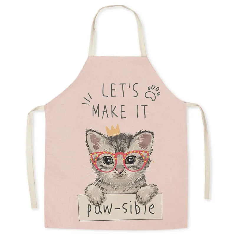 Cartoon Kitten Pattern Children's Apron Kitchen Cooking Baking Cleaning Apron Women, Parent-child Bib Sleeveless Linen Apron