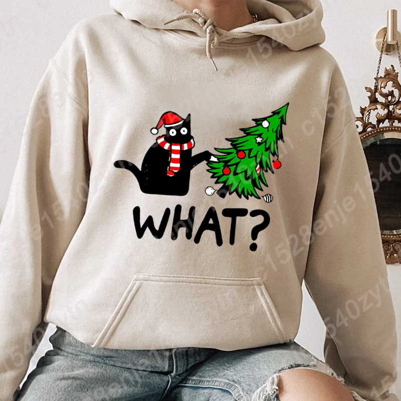 Christmas Black Cat Christmas Tree Graphic Hoodies Miękkie bluzy z kapturem Bluzy damskie z długim rękawem Jesień Casual Pullover z kapturem