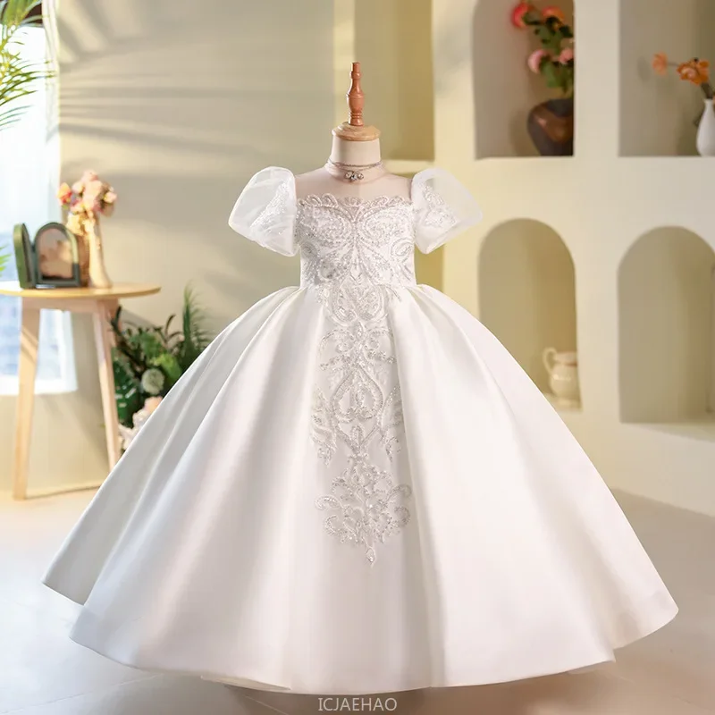 

2025 New Satin Girls Dress Puff Sleeve Simple White Princess Gown Luxury Children Piano Party Flower Girl Performance Birthday