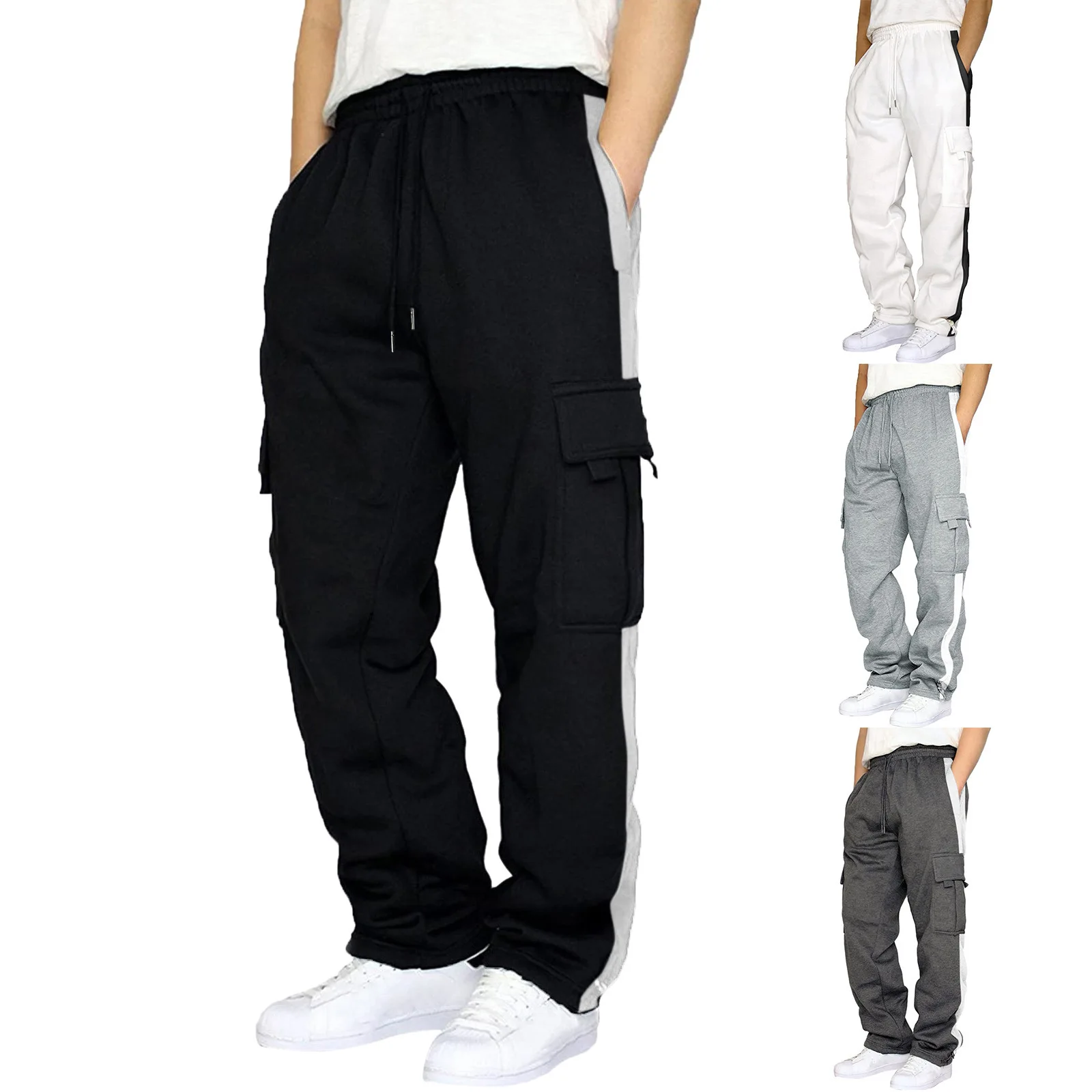 

Men's Casual Fce Lined Straight Leg Pants Autumn Running Loose Fit Cargo Long Trousers Polyester Fiber mid Waist