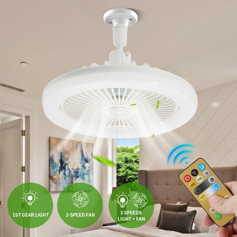 30W Ceiling Fans With Remote Control and Light LED Lamp Fan E27 Converter Base Bulb Bedroom Chandelier with Cooling Fan 3 Modes