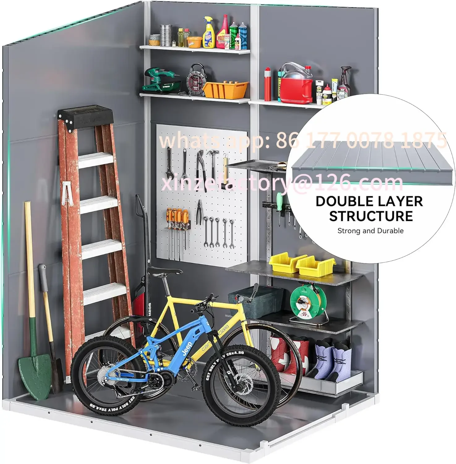 Capannone portaoggetti da esterno in resina personalizzabile con pavimento, grande capannone portaoggetti con porta e finestra con serratura, plastica impermeabile