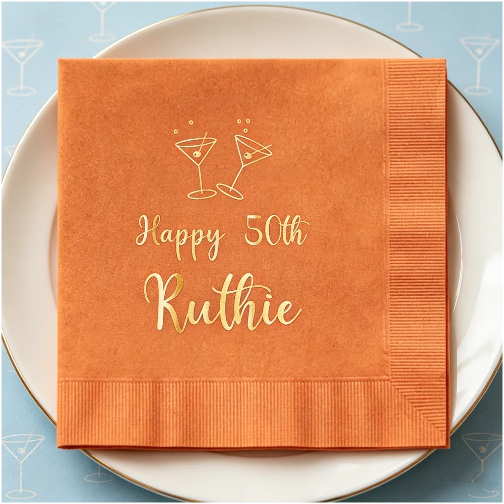 

50pcs Personalized 50th Birthday Cocktail Napkins, Custom Name & Age Disposable Napkins, Gold Foil Martini Glass Print, for 50th