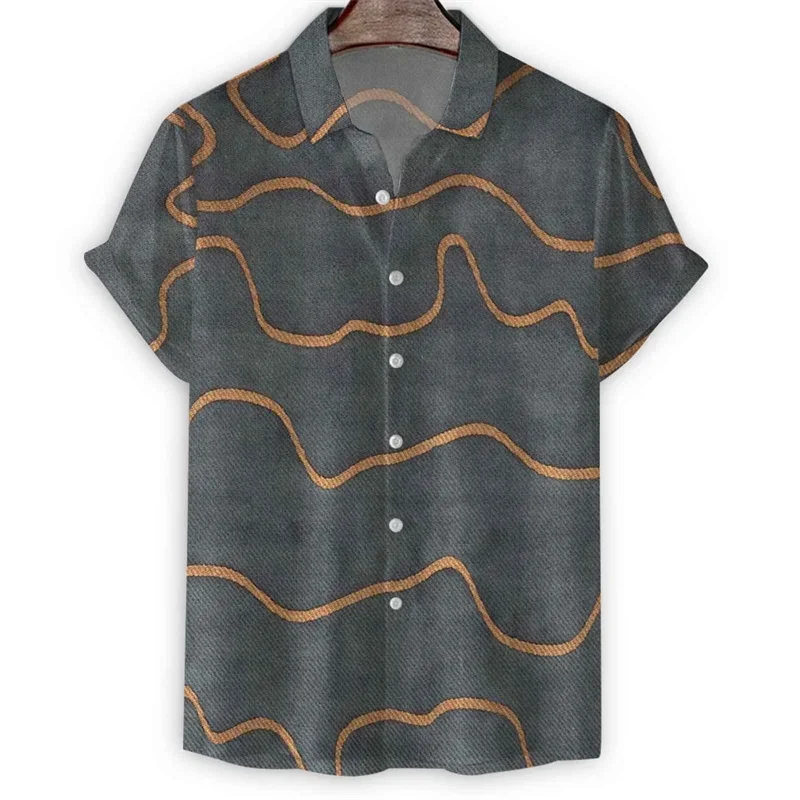 

Мужская гавайская рубашка с геометрическим 3D-принтом в полоску, летняя, с отложным воротником, на пуговицах, уличная, с коротким рукавом, свободного кроя, стильная блузка