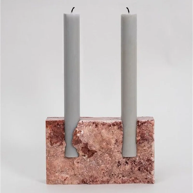2 Holes Marble Taper Candle Holder,Vintage Travertine Stone Candlestick Holder  for Table Centerpiece