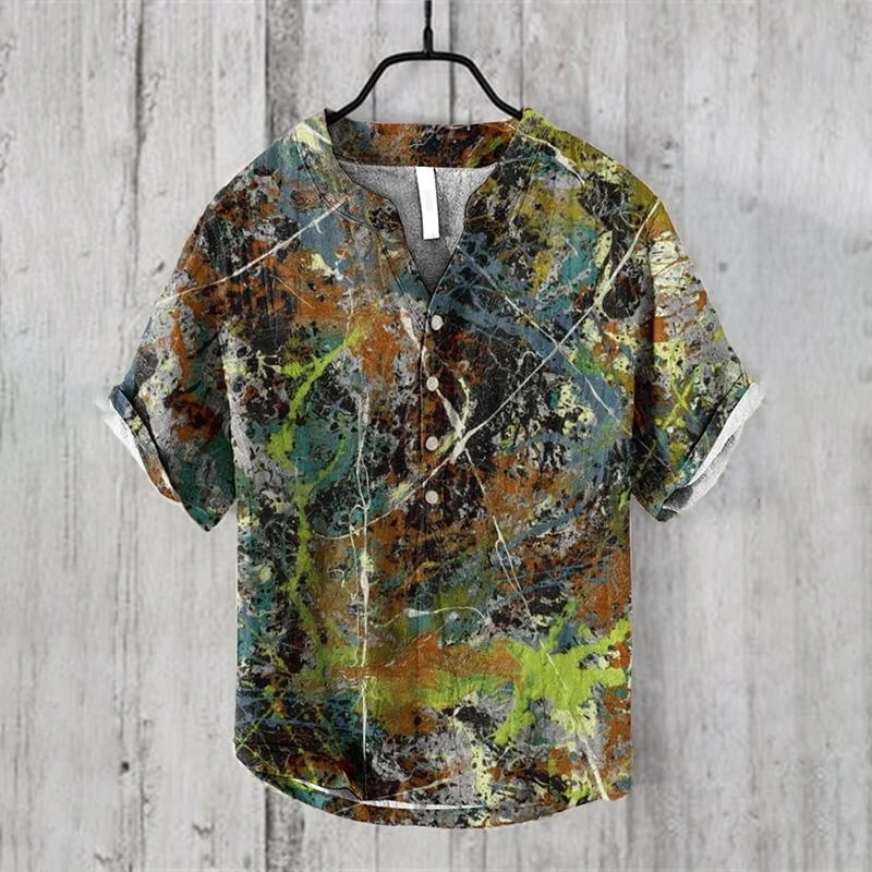 Men's tie-dye Loose Top short-sleeved V-neck Shirt Breathable Casual Fashion men's Wear