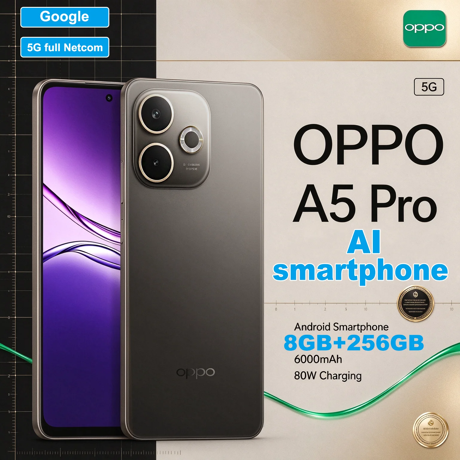 Unlocked OPPO A5 Pro 5G Cell Phone, 8GB RAM + 256GB Storage, 6000mAh Battery, 80W Fast Charging, IP69 Durable Android Smartphone