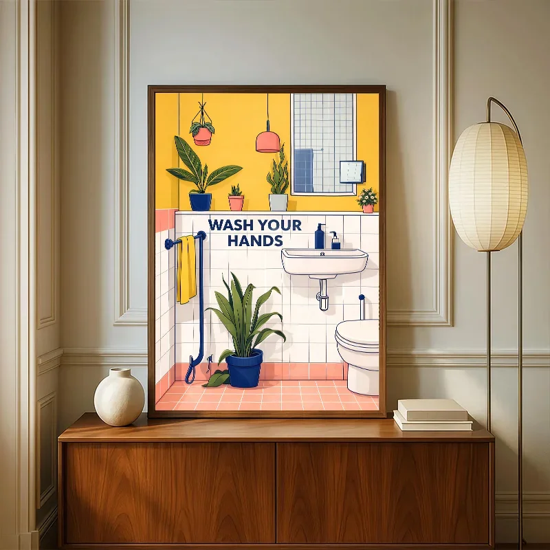 Multiple sizes 1pc frameless Canvas Painting,Retro Funny Bathroom Decor Posters Washbasins Toilets Green Wall Art Canvas Prints