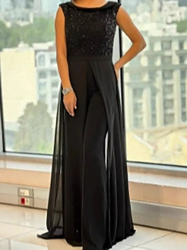 จั๊มสูทขายาวทรงเข้ารูป ดีไซน์หรูหรา คอทรงโอ ประดับเลื่อม แต่งผ้าปะต่อ แฟชั่นเอวสูง เหมาะสำหรับงานแต่งงาน