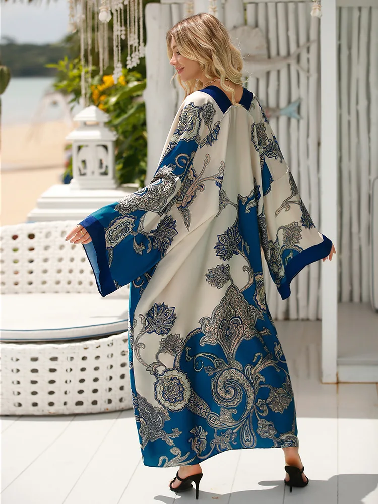 Europe Summer Beach Dresses Women Cardigan Stitch Suits Cocktail Sexy Boho Holiday Batwing Sleeve Silk Robe Kimono Kaftan 2023