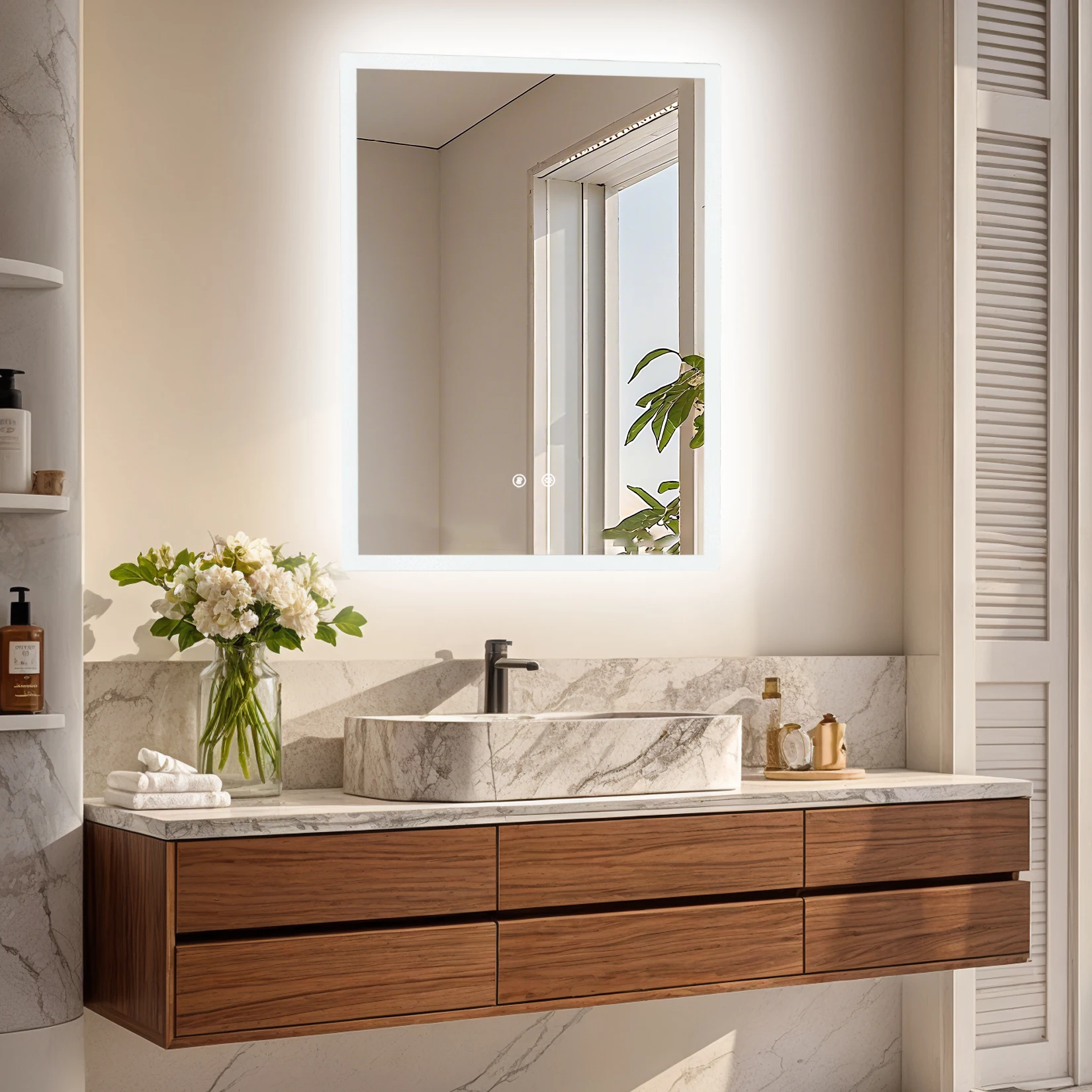 LUVODI Illuminated Bathroom Makeup Mirror,Modern Wall Mounted Bathroom Vanity Mirror Lighted Makeup Mirror with Three Colors Temperature,Fogless,Waterproof IP44