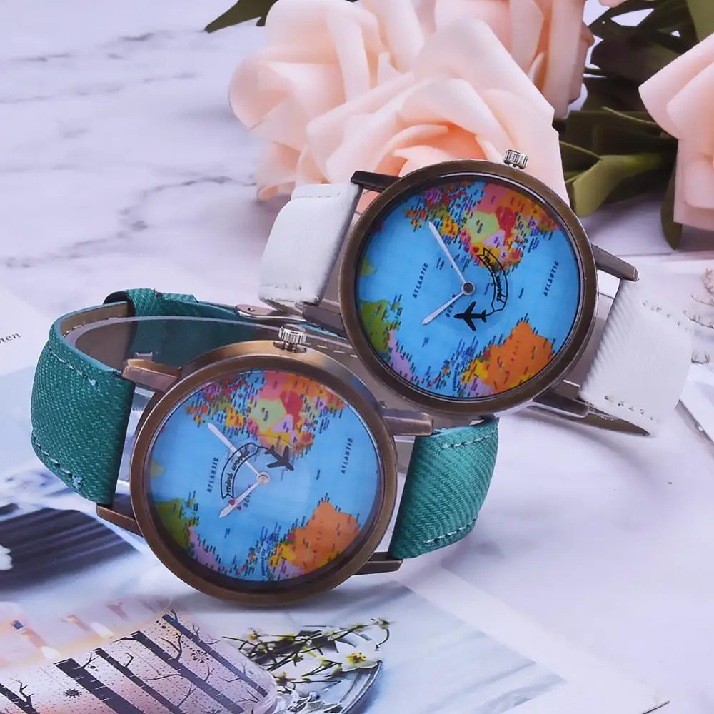 Kreatywny zegarek mapa świata samolot Unisex wskaźnik kwarcowy bez cyfr zegarek na rękę