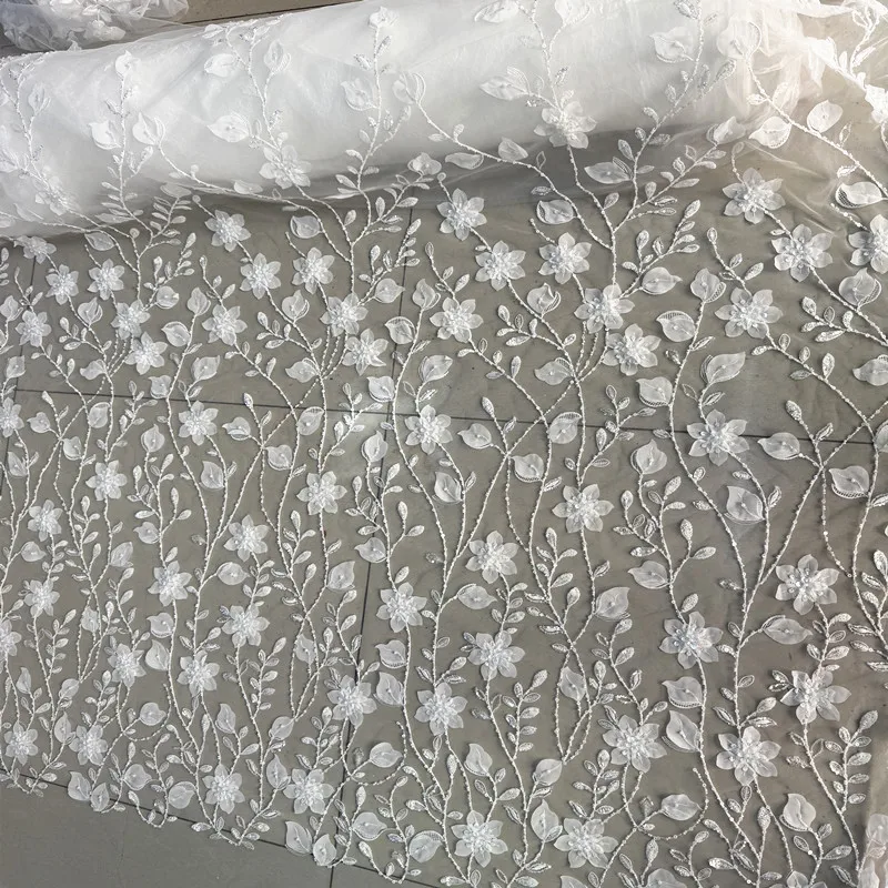 Deluxe Leaf Petal Embroidered Lace With Sequins And Beads Luxury Sheer Fabric For Wedding Decoration Evening Dress DIY Apparel